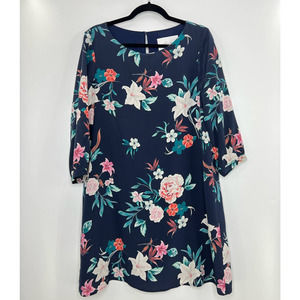 Amour Vert 100% Silk Floral Shift Dress Navy Size Medium
